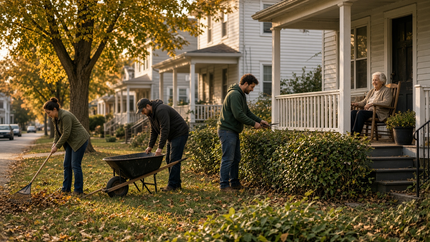 Volunteers helping a neighbor with yard work